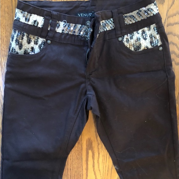 Vintage VENUS Brown Pants w/ Animal Print Pockets & Faux Belt Size 4 - Picture 2 of 3